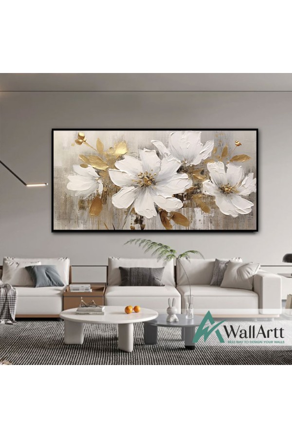 White Flowers with Gold Leaves IV 3d Heavy Textured Partial Oil Painting